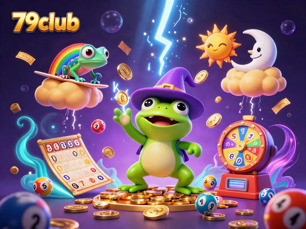 Experience the excitement of 79club with a dynamic illustration of a wizard frog and chameleon amid a storm of coins and lottery elements.