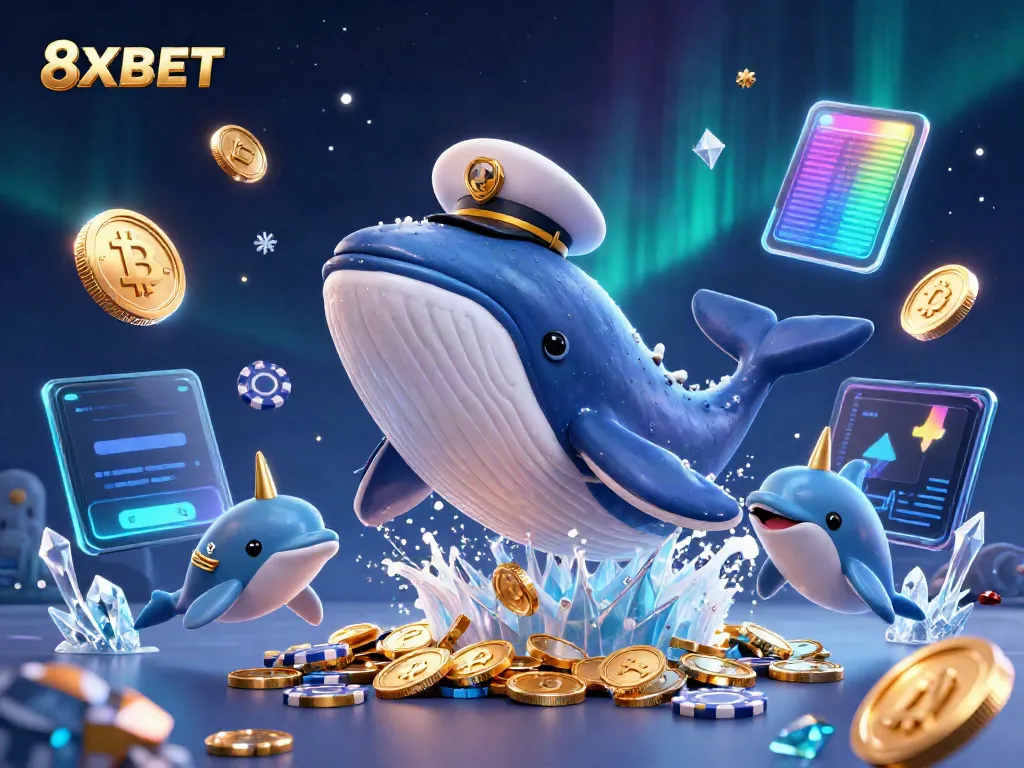 Play and win with 8XBET's immersive casino experience featuring a vibrant sea of gold coins and exciting characters.