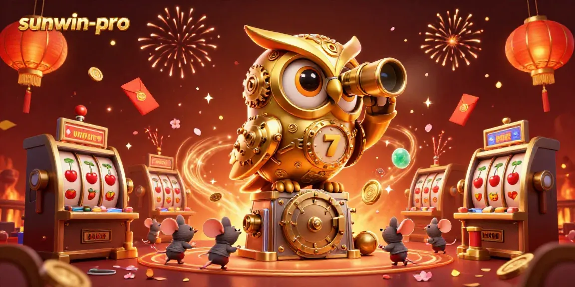 Experience sunwin-pro with dynamic slot machines and a clockwork owl in a vibrant casino scene.