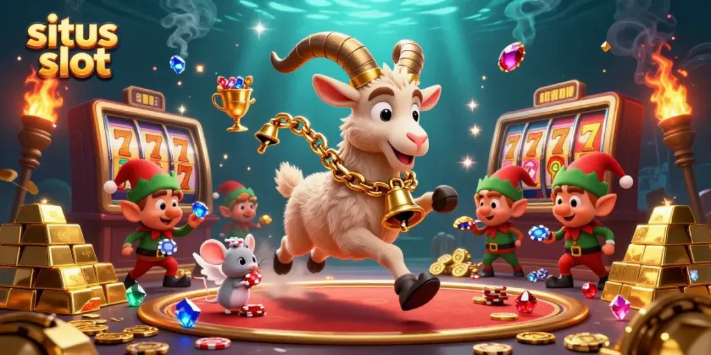 Experience the excitement of situs slot with a festive casino scene featuring a Krampus goat and playful characters.