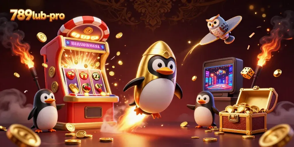 Experience the thrill of 789lub-pro with a dynamic 3D casino scene featuring a penguin and jackpot.