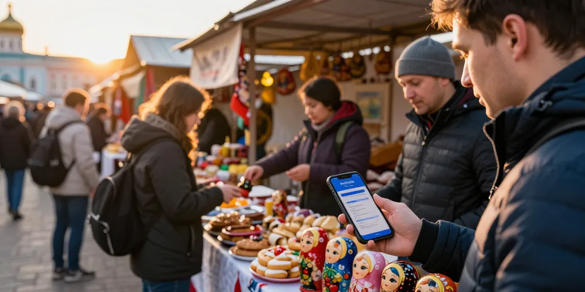 Toerist betaalt met de PayInRussia app in een drukke markt.