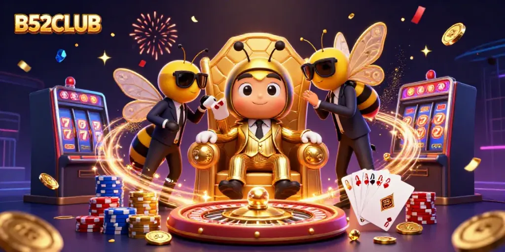 Experience the excitement of B52CLUB with a vibrant casino scene featuring themed characters and luxurious game elements.