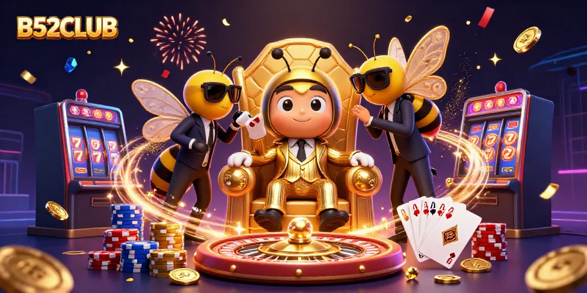 Experience the excitement of B52CLUB with a vibrant casino scene featuring themed characters and luxurious game elements.