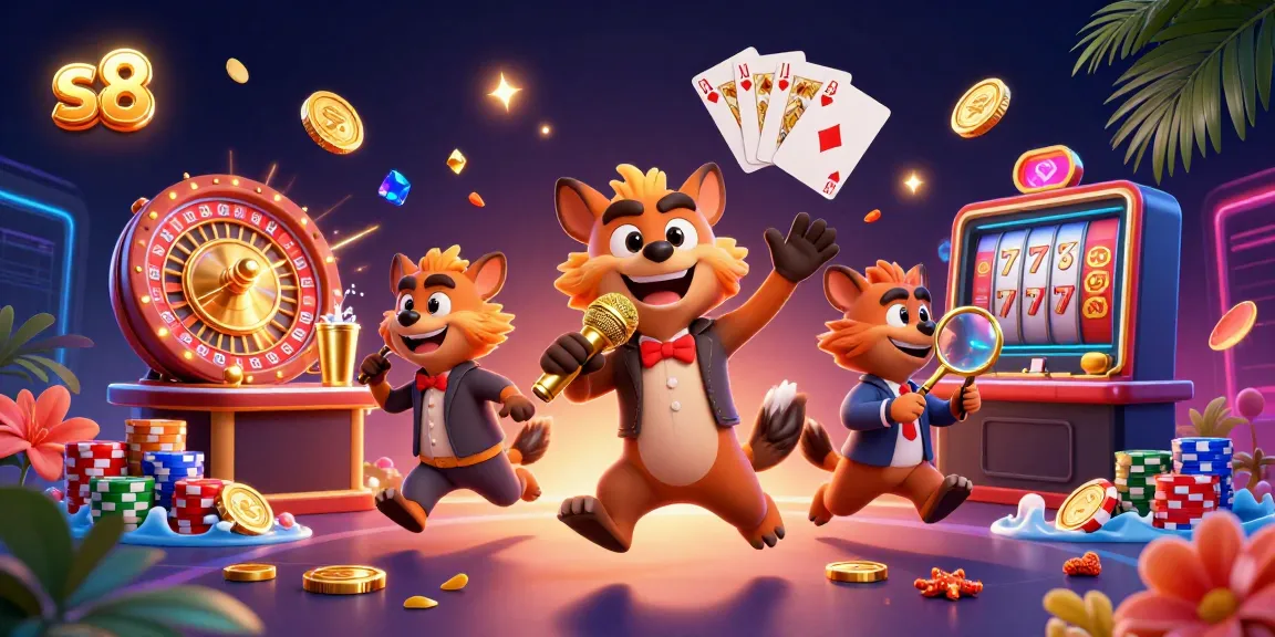 Engage in thrilling comedy casino fun at S8 with vibrant hyenas, gold coins, and roulette.