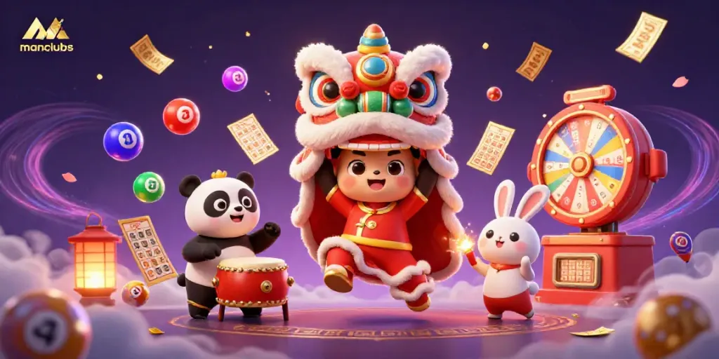 Experience thrilling manclubs gaming with a vibrant lion dance, lottery balls, and festive prizes.