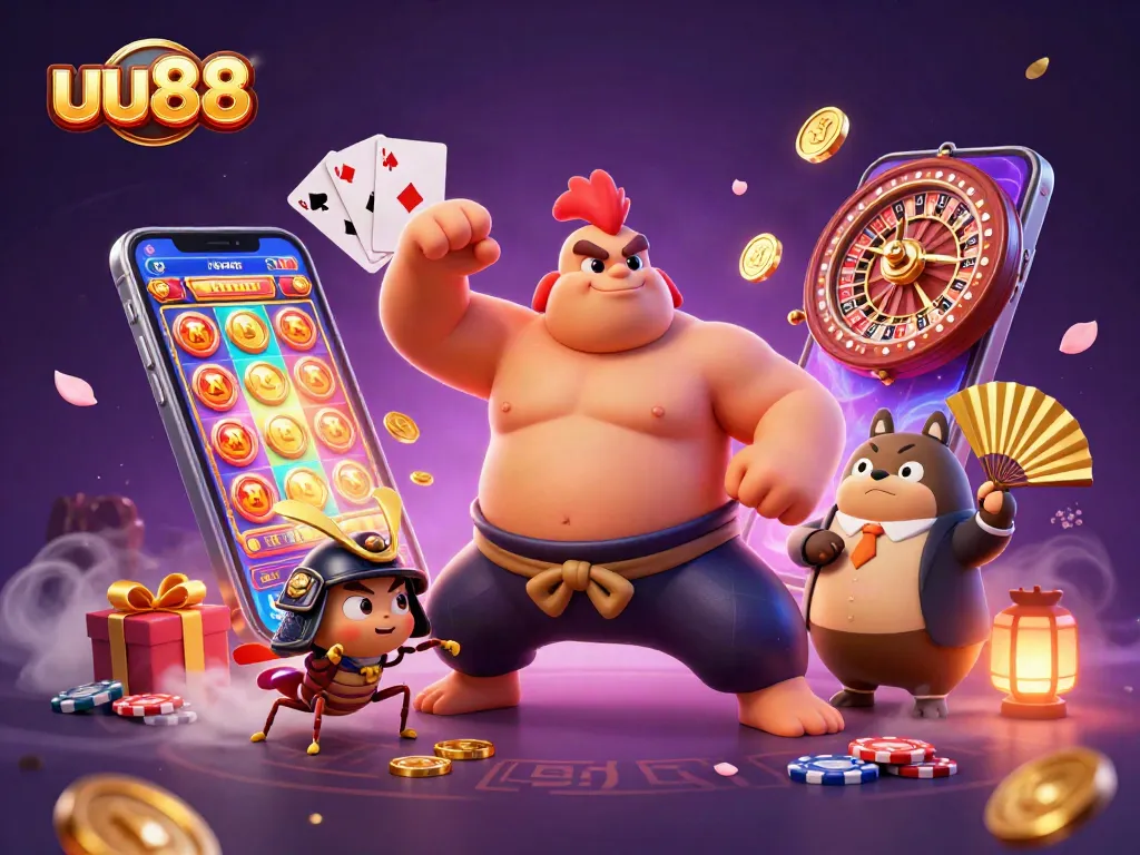 Experience the excitement of uu88 with a powerful sumo rooster, cricket fighter, and announcer amidst vibrant casino elements.
