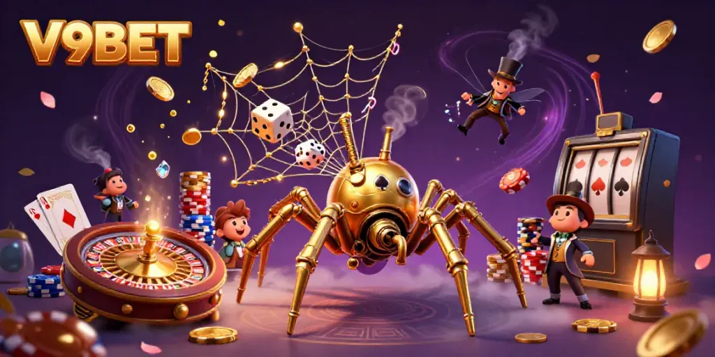 Experience the thrill of V9BET with steampunk characters and casino elements in vibrant 3D.