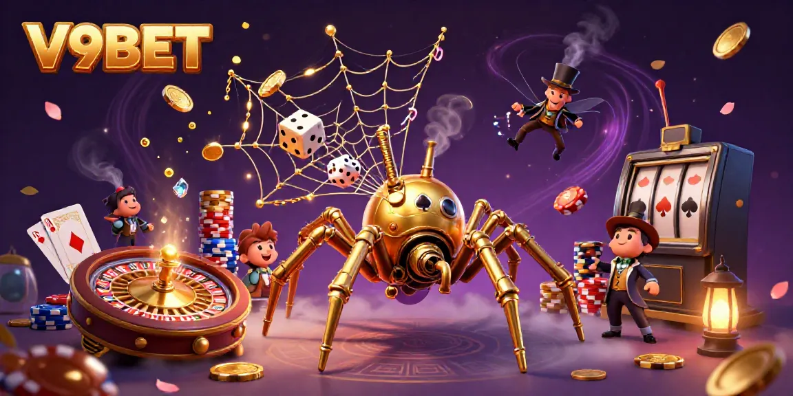 Experience the thrill of V9BET with steampunk characters and casino elements in vibrant 3D.