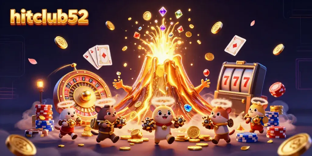 Experience exciting winnings at hitclub52 with golden volcano erupting treasures, animated characters, and vibrant casino elements.