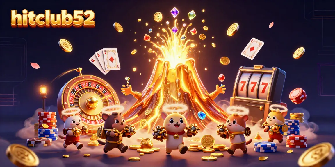Experience exciting winnings at hitclub52 with golden volcano erupting treasures, animated characters, and vibrant casino elements.
