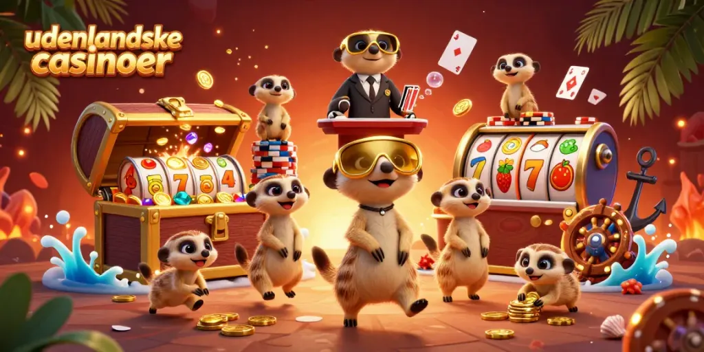 Engaging illustration of udenlandske casinoer featuring meerkats in a lively casino setting.