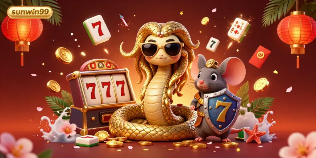 Engage players with sunwin99's vibrant casino scene featuring jackpot elements, friendly characters, and festive decorations.
