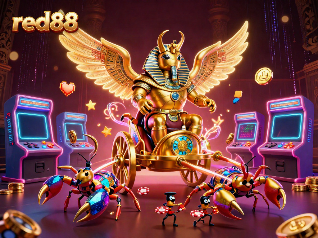 Experience the excitement of red88 with a vibrant casino-themed display featuring a colossal scarab beetle and gaming elements.