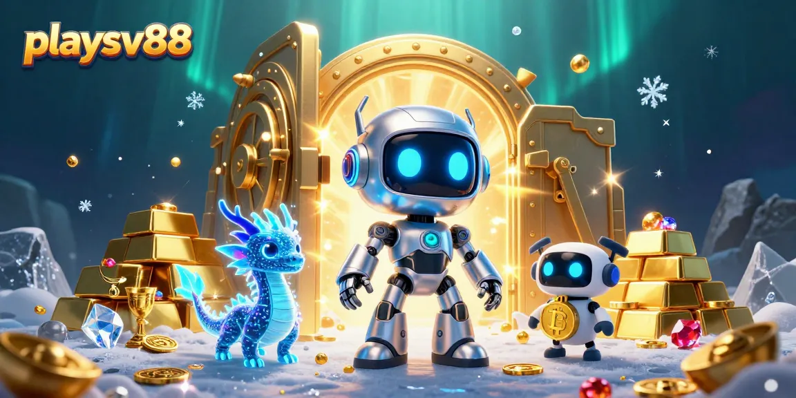 Experience the thrilling adventure of playsv88 with cyberpunk robots and gold treasures in this rich digital casino scene.