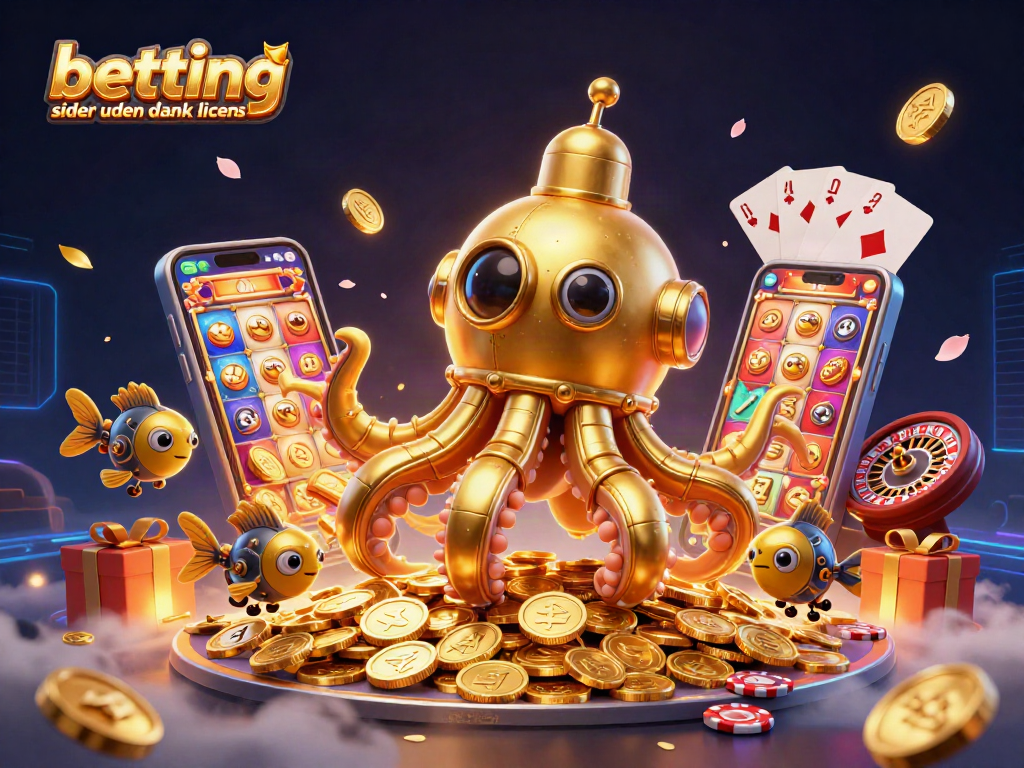 Engage with betting sider uden dansk licens through a vibrant illustration featuring mechanical fish and golden coins.