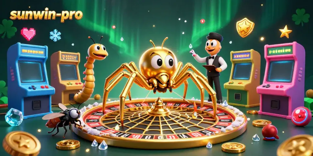 Engaging scene of sunwin-pro casino bet placement with a golden spider and colorful game elements