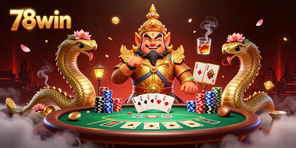 Engage with 78win's casino excitement depicted through a vibrant 3D illustration of a Thai guardian amidst poker action.