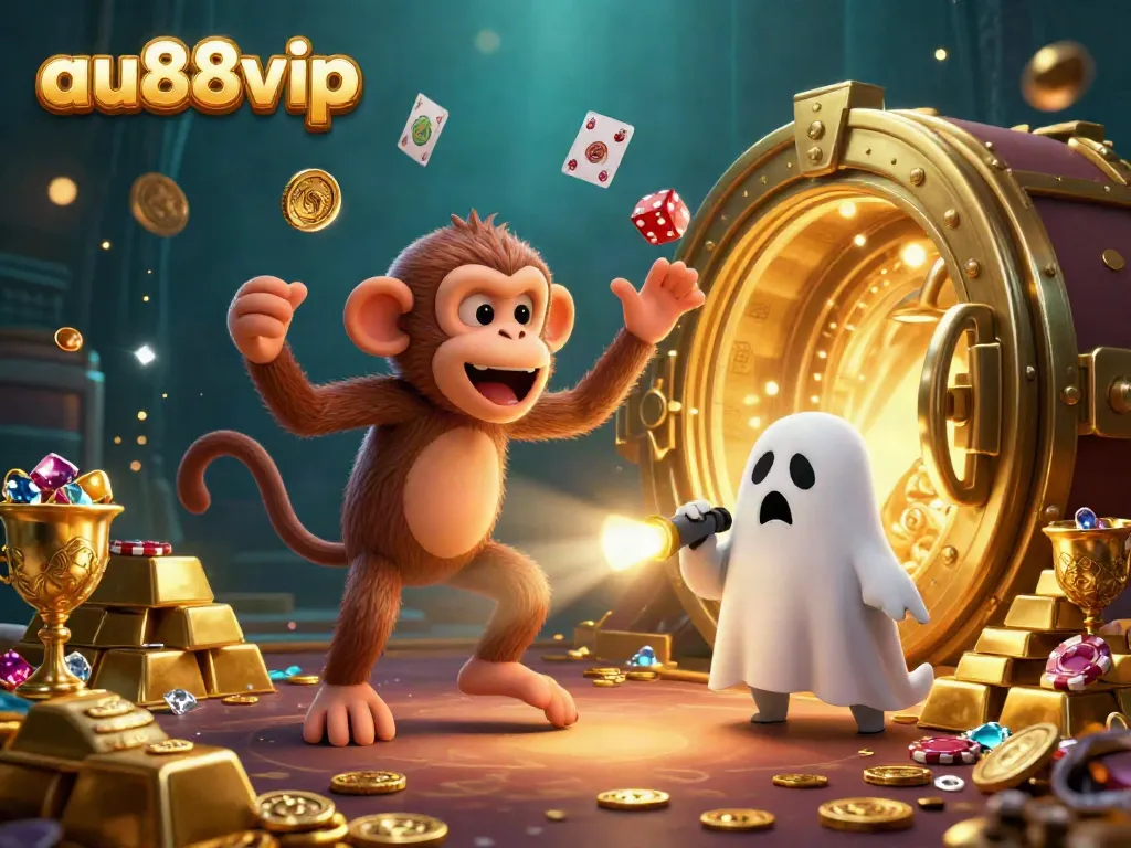 Experience the excitement of au88vip with a ghost-hunting puppy and a poltergeist monkey juggling casino treasures in this vibrant scene.