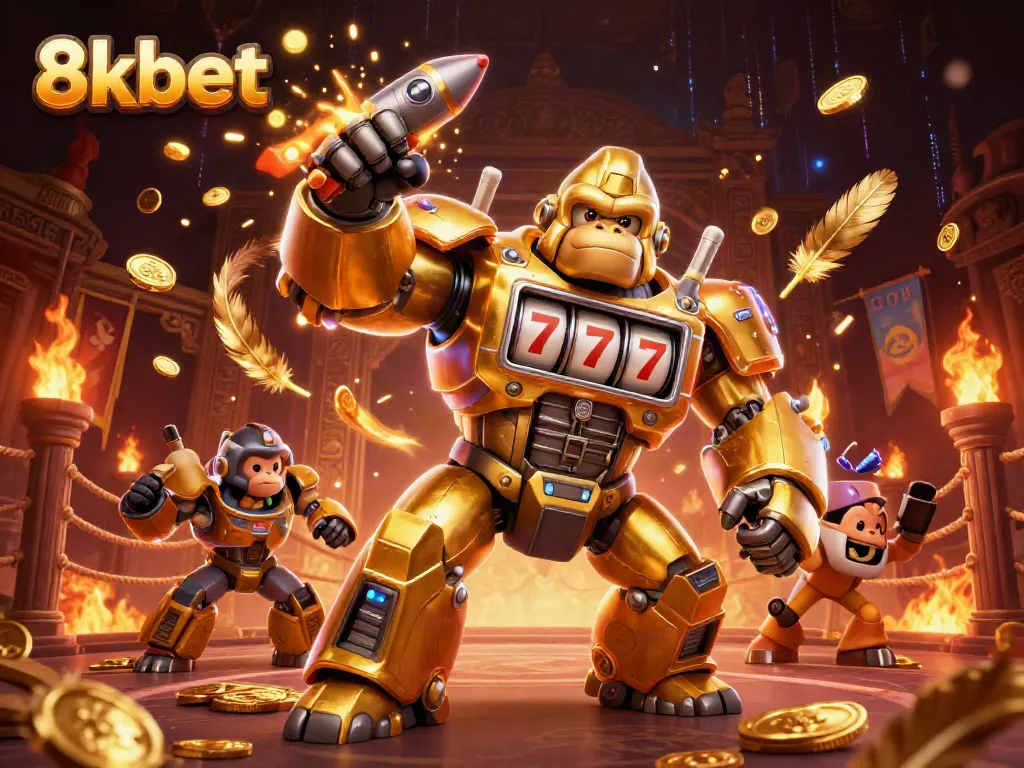 Experience the thrilling action of 8xbet with a vibrant 3D casino scene featuring a golden gorilla mech.
