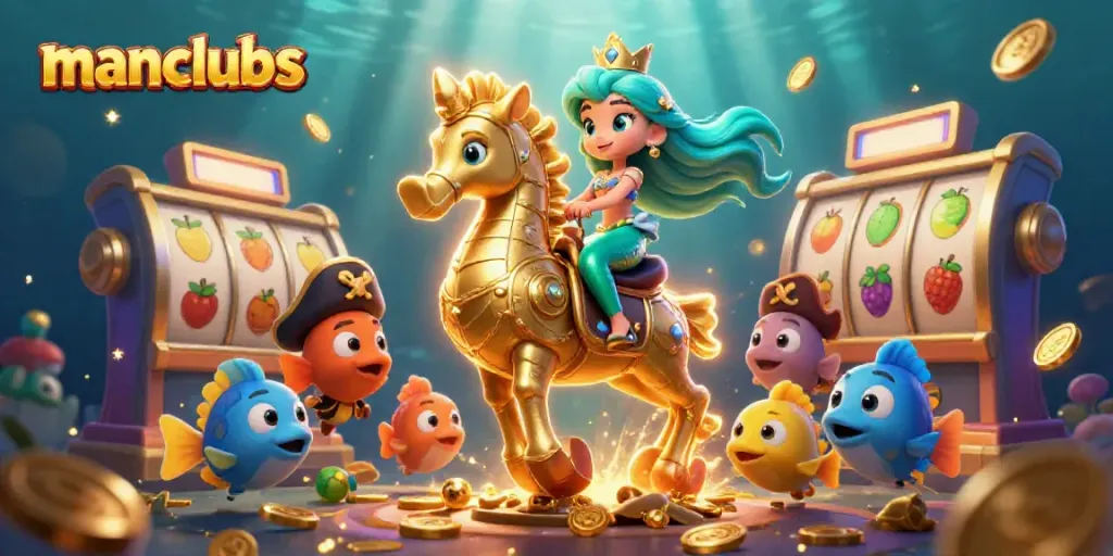 Engage in thrilling gameplay at manclubs with a vibrant underwater casino scene featuring a mermaid princess.