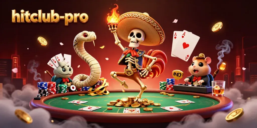Experience excitement at hitclub-pro with vibrant casino characters dancing on gold coins and poker elements.