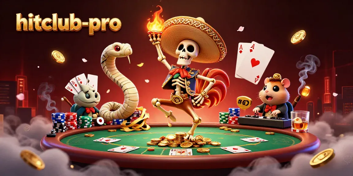Experience excitement at hitclub-pro with vibrant casino characters dancing on gold coins and poker elements.