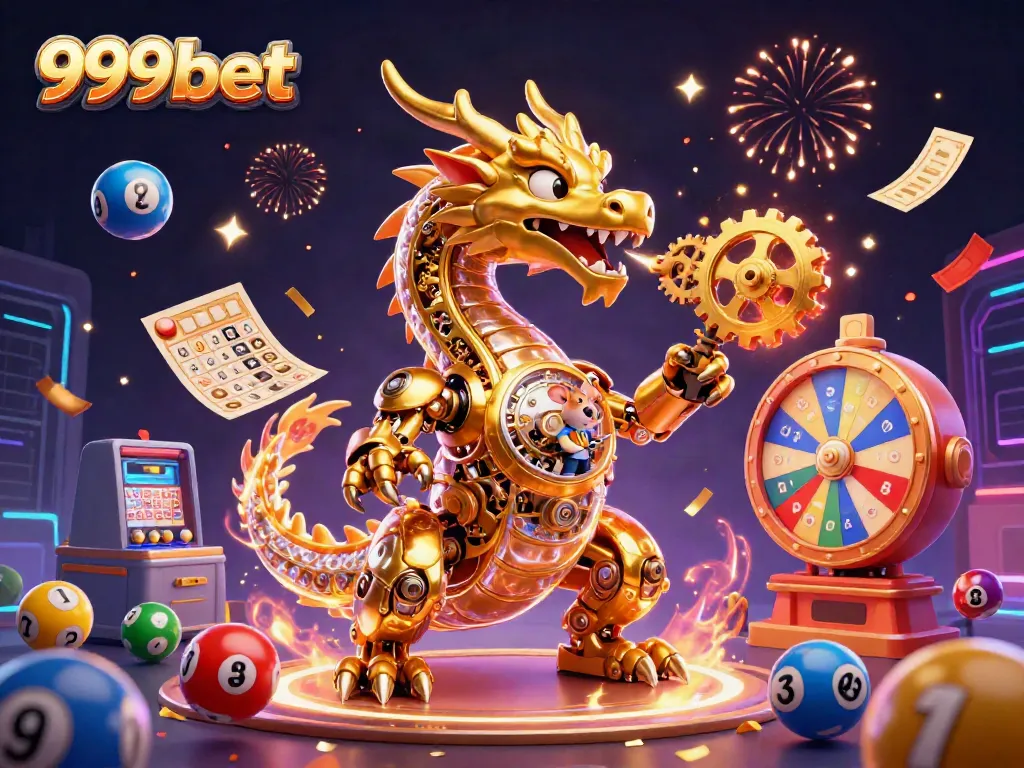 Experience the excitement of 999bet with a vibrant dragon, golden gears, and lottery elements shimmering in celebration.