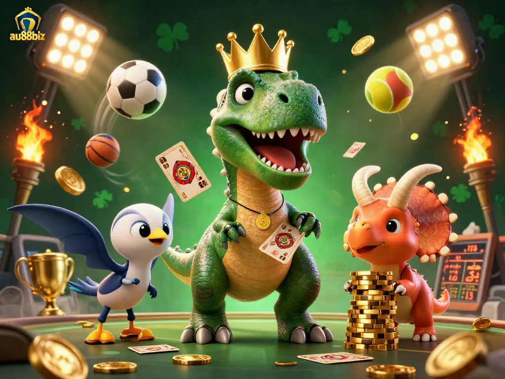 Join the fun with au88biz as a T-Rex shuffles cards, assisted by a pterodactyl amidst colorful casino action.