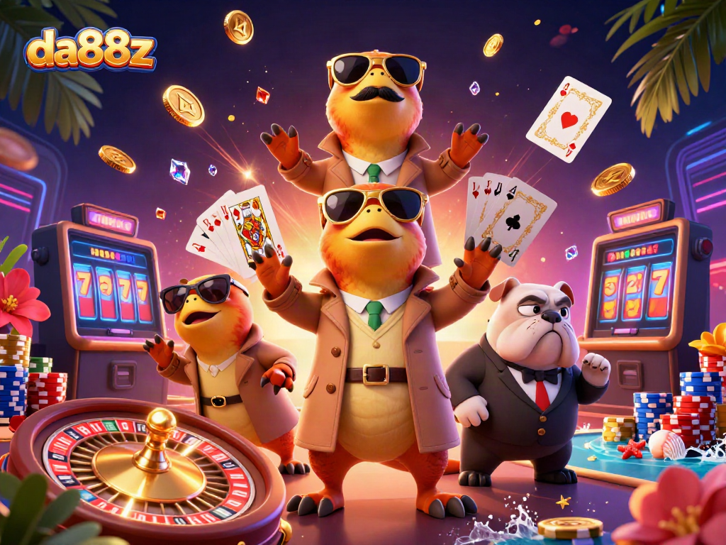 Three raptors in a trench coat entering a VIP casino lounge at da88z, surrounded by coins and a roulette wheel.