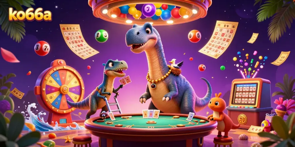 Experience excitement at ko66a with a colorful brontosaurus overviewing an energetic casino game setup.