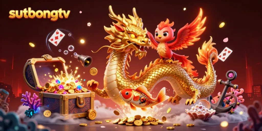 Engage with sutbongtv's thrilling gambling experience featuring vibrant dragon and phoenix.