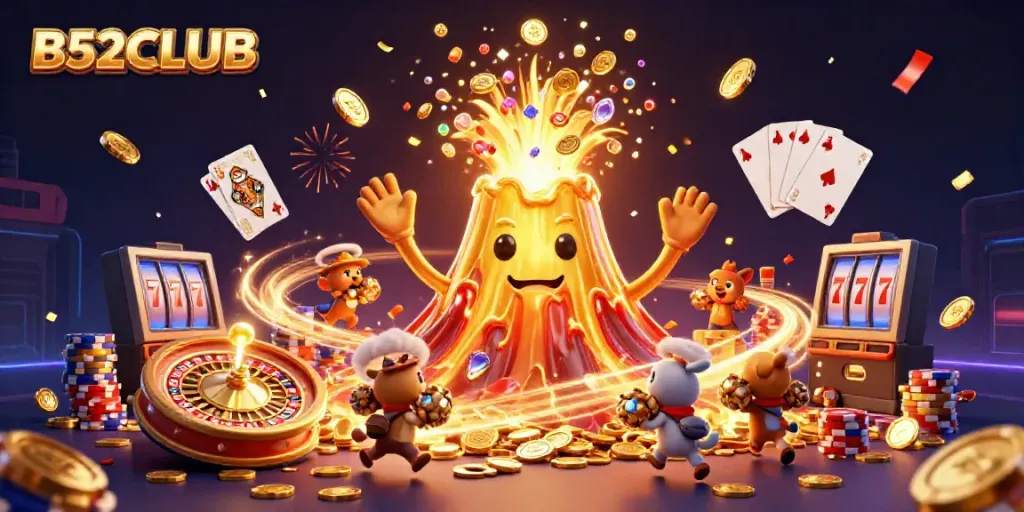 B52CLUB showcases a golden volcano erupting treasure, symbolizing winning strategies in online gambling.