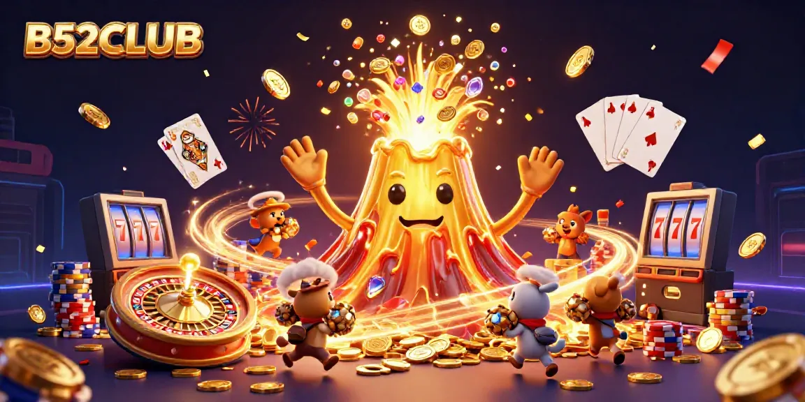 B52CLUB showcases a golden volcano erupting treasure, symbolizing winning strategies in online gambling.