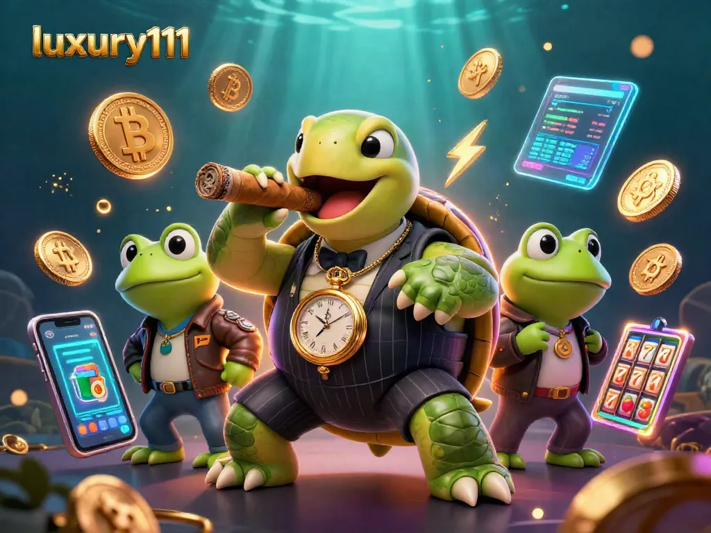 Play thrilling slots with luxury111 while a snapping turtle mobster oversees the action in a vibrant casino.