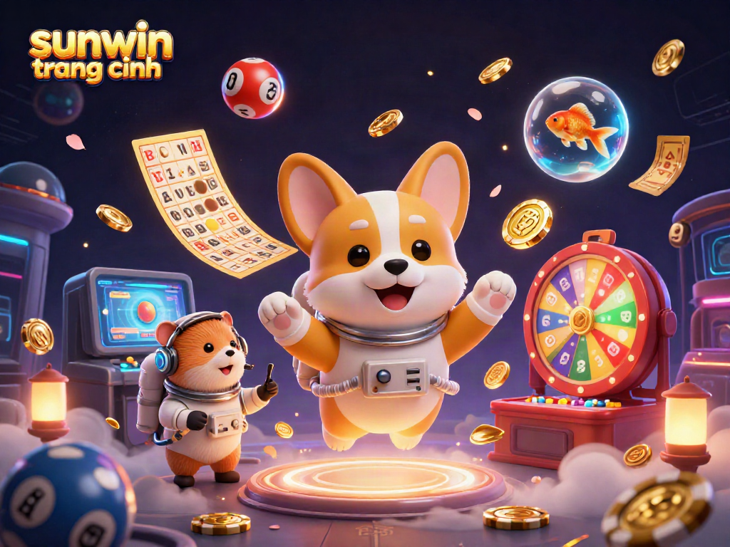 Experience the excitement of sunwin trang chính featuring a playful astronaut corgi and game elements in a vibrant casino atmosphere.