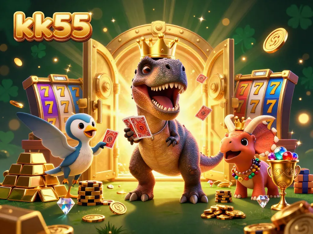 Engaging kk55 scene of a T-Rex shuffling cards surrounded by casino elements and sparkling treasures.