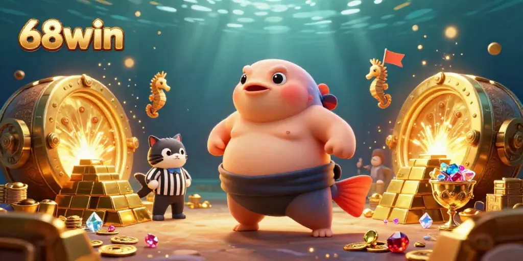 Engage in thrilling underwater adventures at 68win with a lively fugu and wise referee.