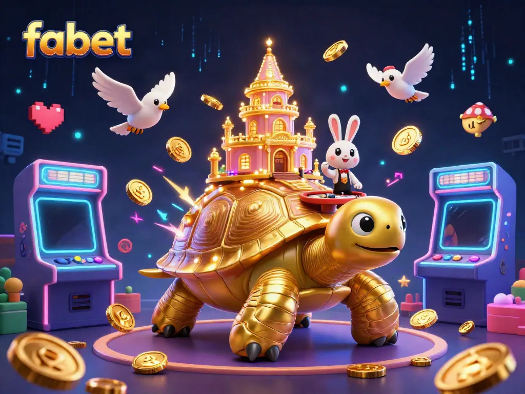Experience euphoria with fabet's energetic casino scene featuring a golden tortoise and a rabbit dealer.