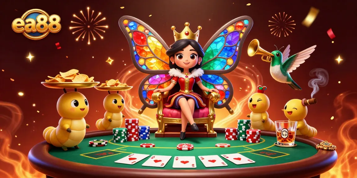 Play at ea88 and experience vibrant gaming with a butterfly queen, poker elements, and celebratory effects.