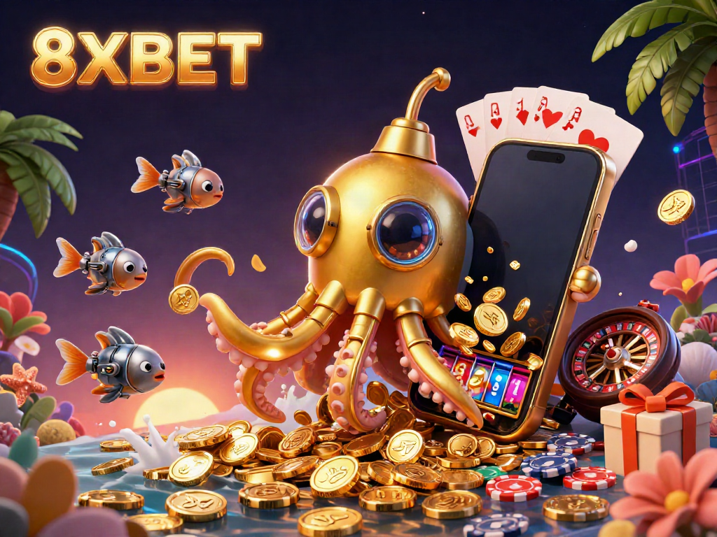 Experience exciting gaming adventures with 8XBET's captivating 3D casino illustration.