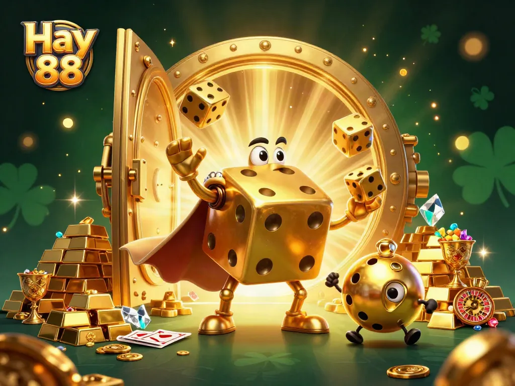 Engage with Hay 88's thrilling casino world featuring golden dice and vibrant treasures.