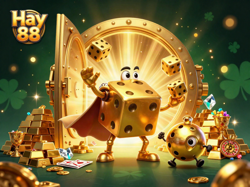 Engage with Hay 88's thrilling casino world featuring golden dice and vibrant treasures.