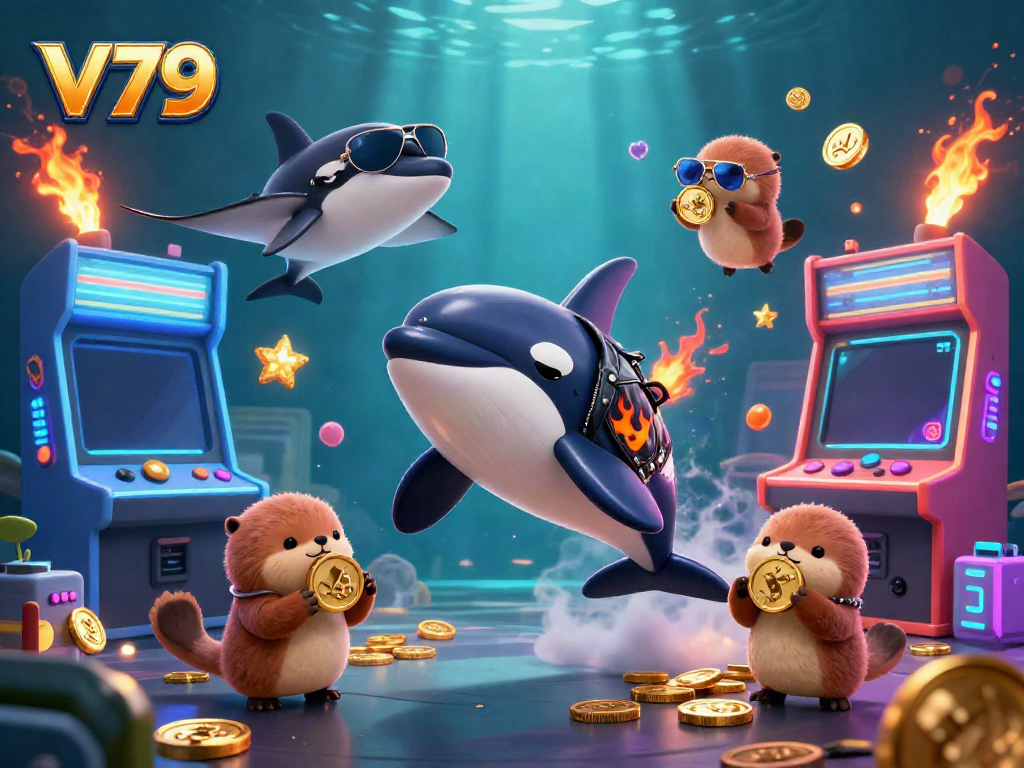 Experience the thrill of V79 with a dynamic scene of lively sea creatures and casino elements.