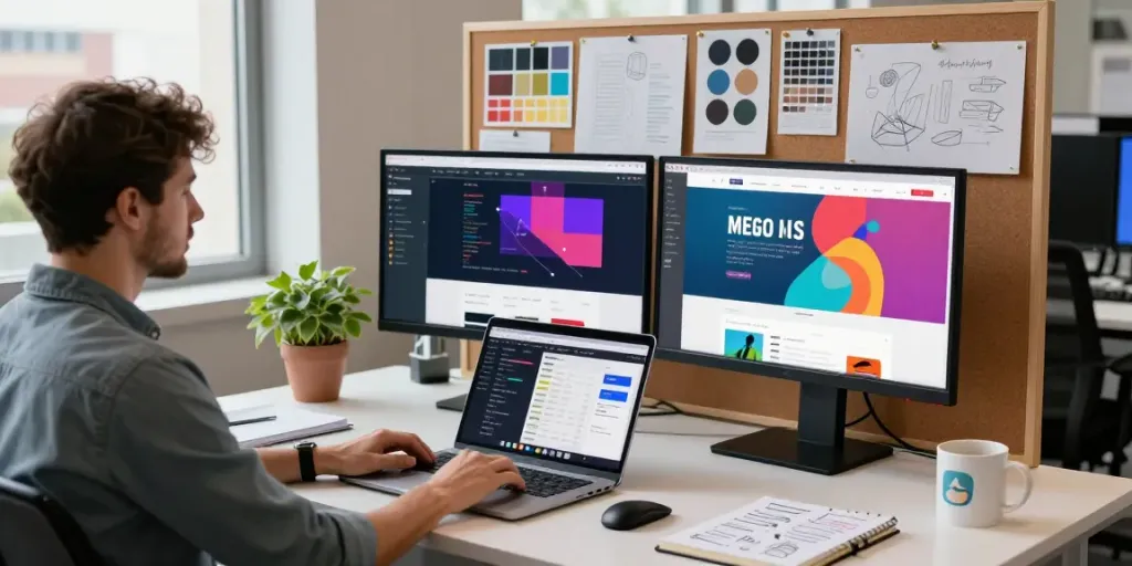 Website laten maken door Sanum, moderne werkplek van webdesigners met laptops, moodboards en notities
