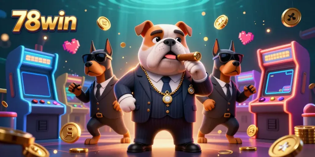 Engage in thrilling gaming at 78win, featuring a vibrant casino scene with animated characters and colorful game elements.