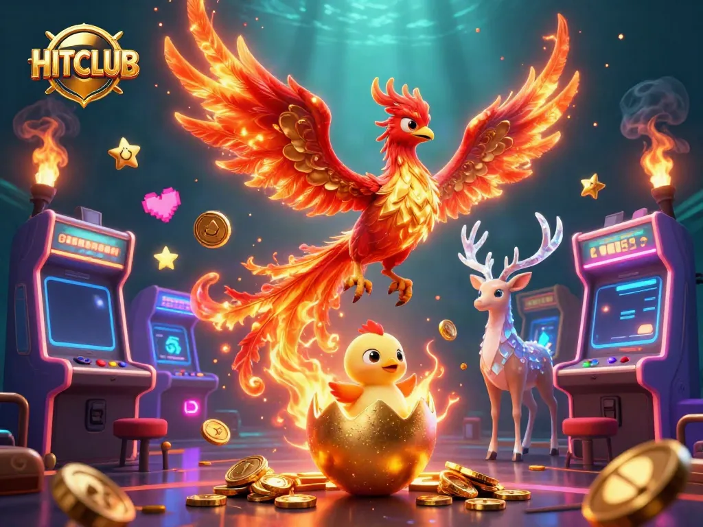 Engage with HITCLUB's thrilling gaming world featuring fire phoenixes and vibrant arcade elements.