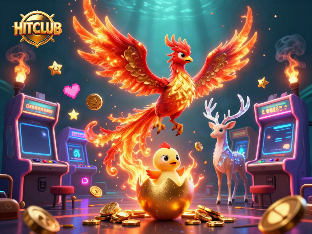 Engage with HITCLUB's thrilling gaming world featuring fire phoenixes and vibrant arcade elements.