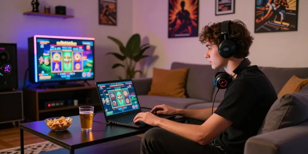Gamer di ruang tamu modern bermain situs slot gacor dengan antusias dan suasana ceria.