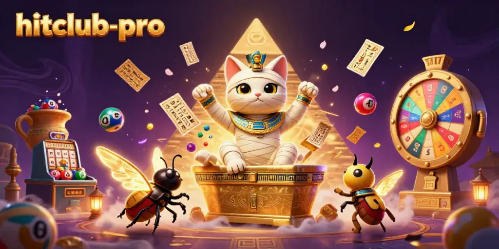 Experience the thrill of hitclub-pro with a dynamic 3D illustration featuring a mummy cat in a vibrant casino.